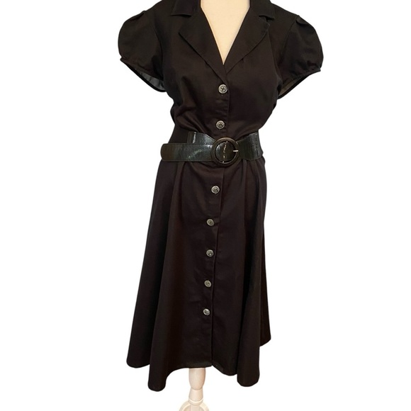 Liz Claiborne Fit & Flare Belted Dress Size 16 Black Button Front Career Classic - Picture 2 of 8